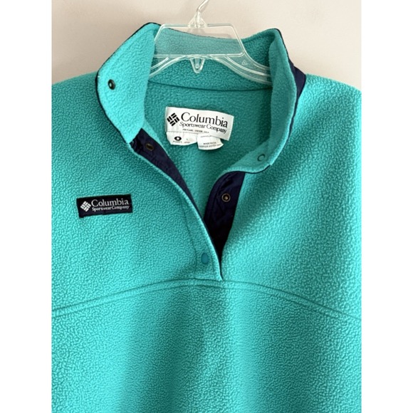 Vintage Columbia Fleece Pullover Snap Sweatshirt USA Turquoise Navy Women Medium - Picture 2 of 16